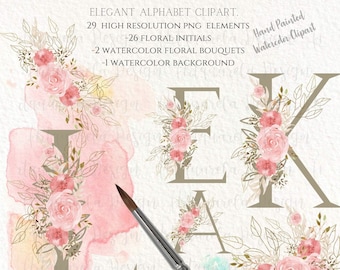 Floral Alphabet Clipart Set: Watercolor Monogram Letters (PNG, Commercial Use)