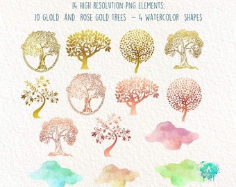 Gold  & Rose gold  foil trees Clipart,Silhouette tree png,Tree of life, vector PNG,Glitter tree,logo tree,Sublimation Design, Commercial Use