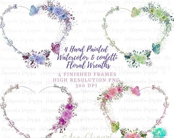 4 Watercolor floral Heart Clipart,Butterfly and flowers hearts png frames hand drawn heart Wedding invitation Sublimation,Commercial Use