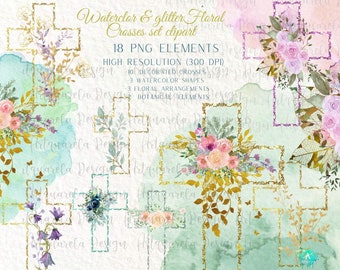 Watercolor Floral Crosses Clipart set,First Communion,Glitter crosses Baptism,Floral Arrangements,Shapes,Sublimation,vector Commercial Use