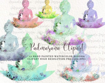 Watercolor Lotus  flowers with Buddha clip art ,Buddha  yoga  pose with hand drawn flowers , High resolution PNG Commercial Use