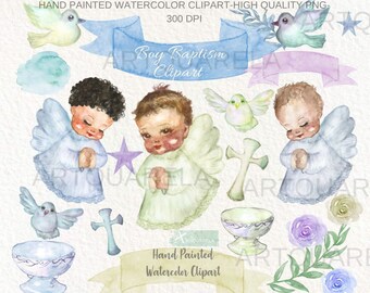 May include: Watercolor clipart set featuring two angels with wings, a cross, doves, flowers, and a banner with the text "Boy Baptism Clipart".