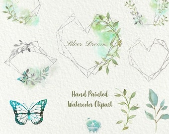 Leaves Frames. Watercolor polygonal pre-made clipart,silver,green, geometry,wedding,bridal template, frame,butterfly clipart,Commercial Use