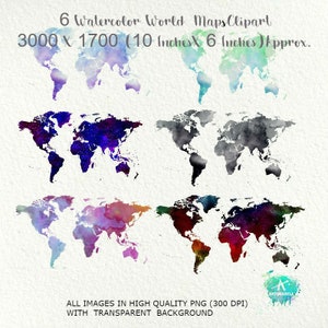 6 World maps clipart,Watercolor maps png.Mapamundi clipart Silhouette Continents clipart.Sublimation. Instant download,Commercial Use image 1