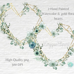 2 Watercolor Heart wreaths Clipart,Dusty blue floral frames, Eucalyptus  Geometric Heart ,Gold foil heart Wedding invitation, Commercial Use