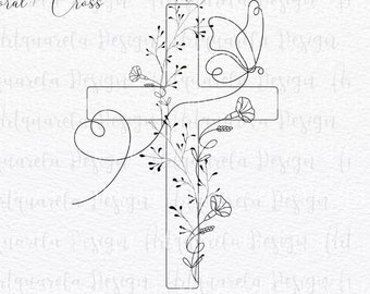 Black white minimal floral cross clip Art- Cross line art- Hand drawn cross with heart-Baptism Cross- First communion cross-Commercial  Use