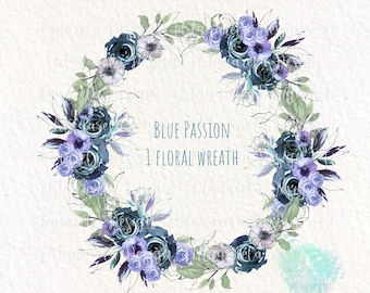 May include: Watercolor floral wreath in shades of blue and purple. The wreath is made of roses, leaves, and other flowers. The text "Blue Passion 1 Floral Wreath" is written in the center of the wreath.