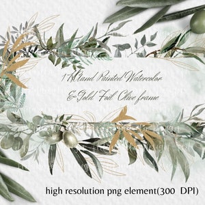 Acquerello e lamina d'oro cornice ramo d'ulivo Clipart- Cornice verde- Cornice rettangolare PNG-Foglie d'ulivo - Sublimazione- Uso commerciale
