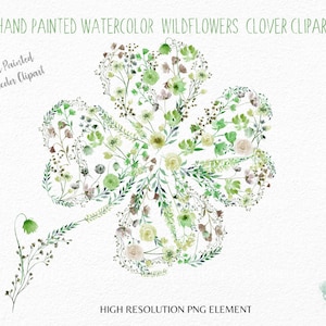 Clipart-trèfle floral trèfle vecteur PNG - trèfle de fleurs sauvages aquarelle peint à la main - St Patricks day - Sublimation - bricolage-usage commercial