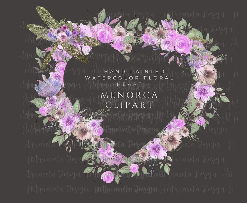 Watercolor Floral Heart Wreath Clipart: Purple Peonies, Dragonfly (PNG ...