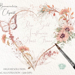 Rose Gold Herz Rahmen Clipart-Schmetterling-Greenery Herz-Aquarell rosa Blumen -Hochzeit Rahmen-Sonnenblumen-San Valentin Day-Kommerzielle Nutzung