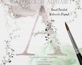 Alphabet Clipart set, Watercolor Initials  with eucalyptus, Watercolor  botanical Letters, Sublimation Design ,PNG , Clipart,Commercial Use