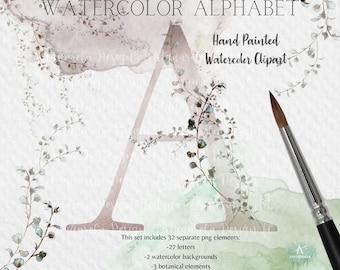Watercolor Alphabet Clipart: Eucalyptus Botanical Letters (PNG, Commercial Use)
