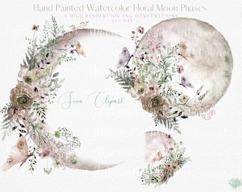 Watercolor Moon Phases Clipart: Floral Celestial Design (PNG)