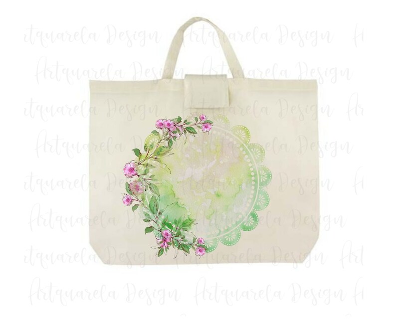 K&ouml;nnte beinhalten: Eine wei&szlig;e Canvas-Tragetasche mit einem gr&uuml;n-wei&szlig;en Aquarelldesign, das einen Blumengirlanden und einen Spitzenkreis zeigt. Das Design ist mittig auf der Tasche platziert.