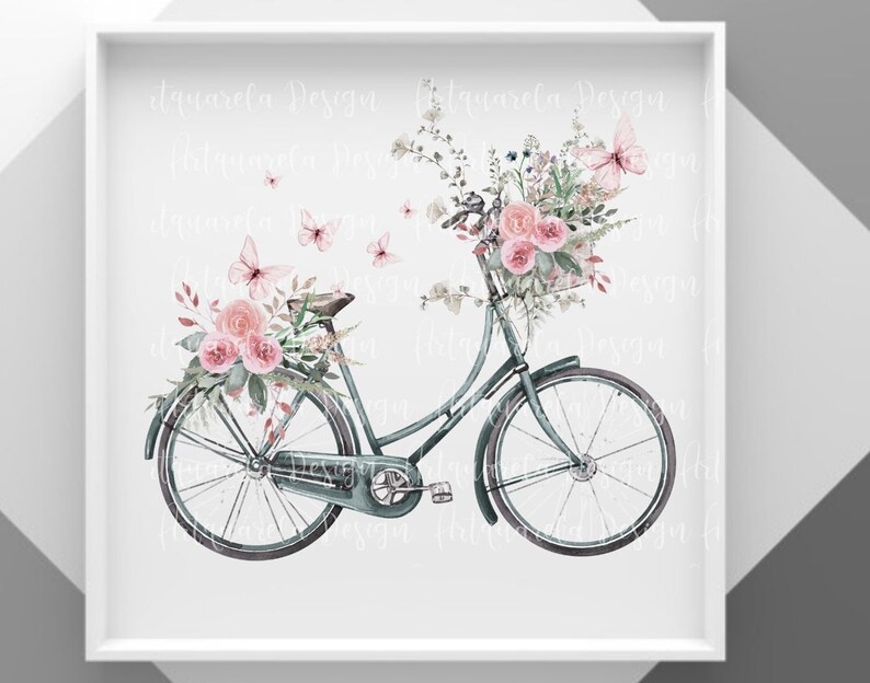 Pu&ograve; includere: Una bicicletta verde vintage con un cestino pieno di fiori rosa e farfalle. La bicicletta &egrave; su uno sfondo bianco.