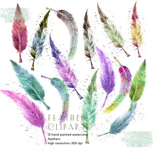 Watercolor Feather Clipart Set, Hand-Painted Colorful Feathers (Digital Download)