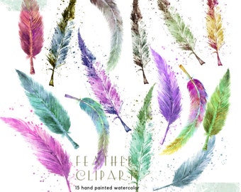 Watercolor Feather Clipart Set, Hand-Painted Colorful Feathers (Digital Download)