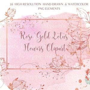 Set di clipart di cornici di fiori di loto in oro rosa. Fiore di loto disegnato a mano PNG. Forme ad acquerello. Cornici per contorni di nozze. Cornice quadrata. Sublimazione.