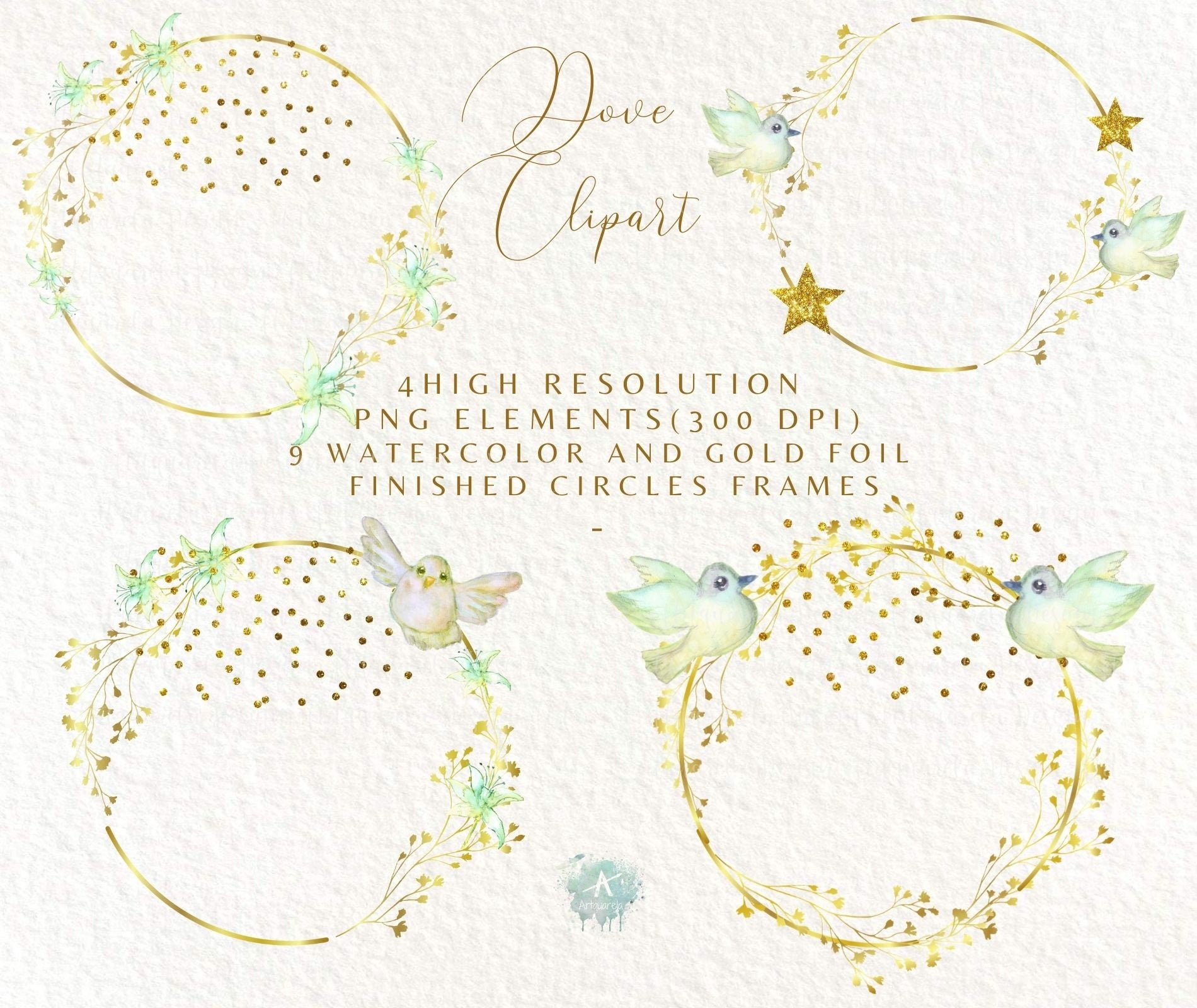 4 Watercolour & gold foil Leaves flowers Wreaths Clipart PNG Etsy