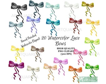 Watercolor Lace Bows Clipart Set, Colorful Ribbon Clip Art,Hand painted PNG graphics,Sublimation  High resolution For Commercial Use