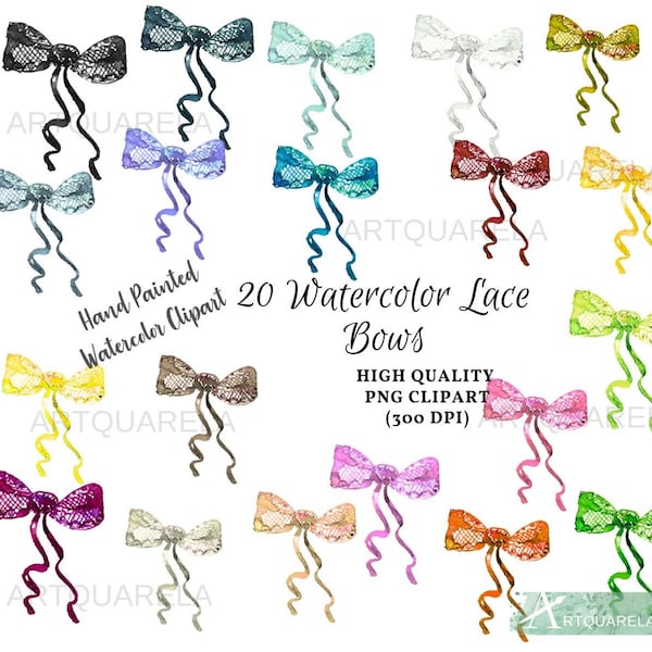 Watercolor Lace Bows Clipart Set, Colorful Ribbon Clip Art,Hand painted PNG graphics,Sublimation  High resolution For Commercial Use