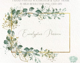 Eucalyptus Frame clipart Watercolor & Gold Eucalyptus frame clipart PNG Silver Dollar Leaves Greenery Border Digital Clipart  Commercial Use