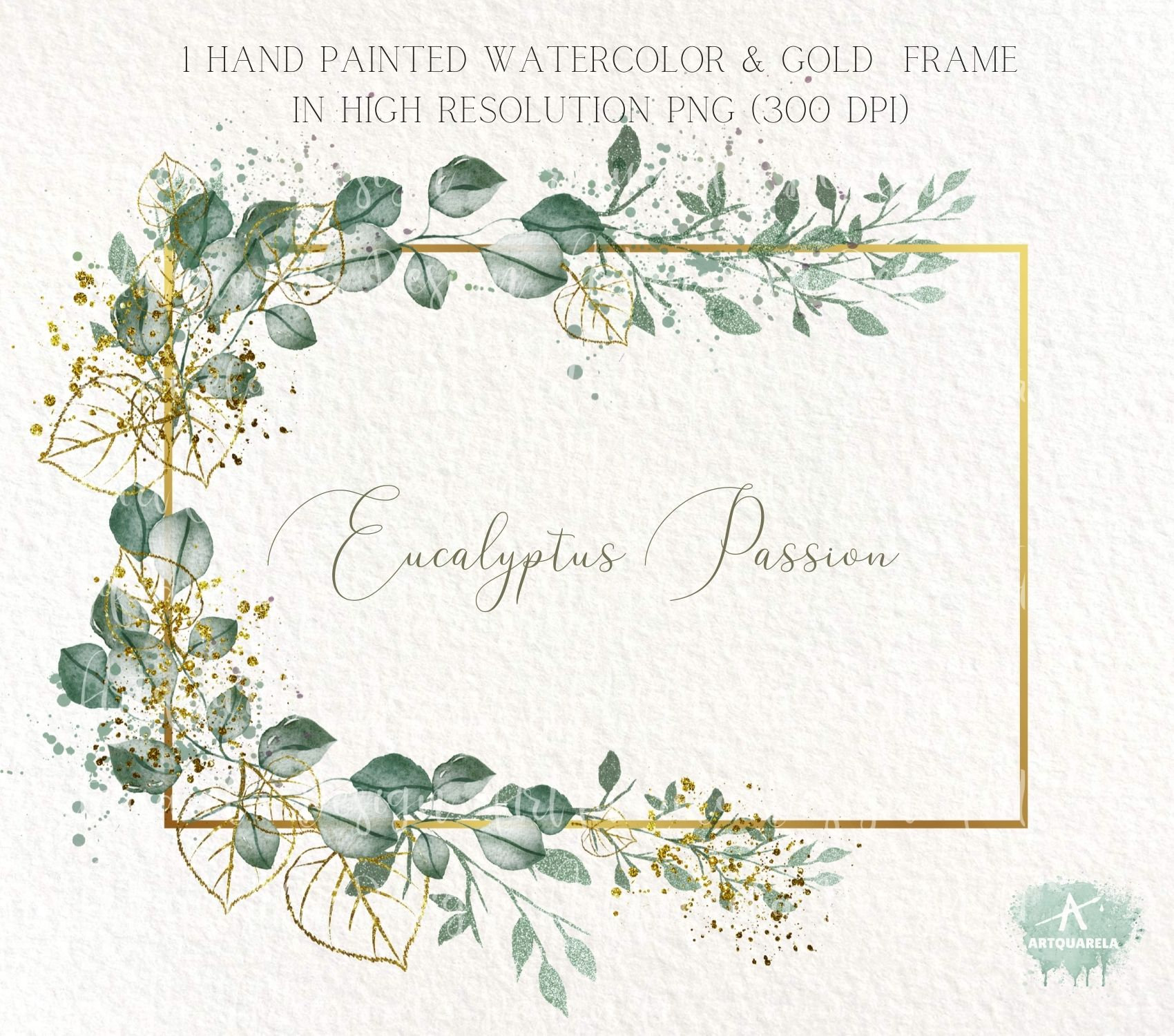 Watercolor Eucalyptus Frame Clipart: Gold Greenery Border (PNG Digital ...