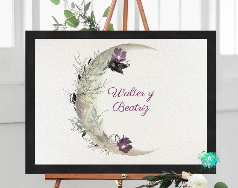 May include: A watercolor painting of a crescent moon with floral details in shades of purple, green, and gray. The text "Walter y Beatriz" is written in purple script below the moon.