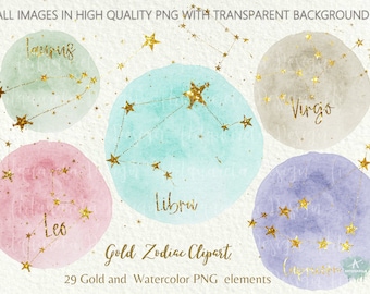 Gold Zodiac Constellations Clipart, Watercolor Astrology (PNG)