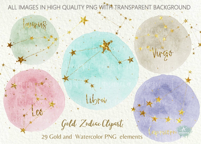 May include: A set of 29 watercolor and gold foil zodiac constellation clipart images. Each image features a different zodiac sign, including Leo, Libra, Virgo, and Capricorn, on a watercolor background.