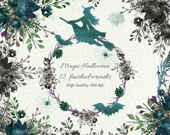 Halloween Floral Wreath Clipart, Glitter Frames (PNG, 300 dpi)