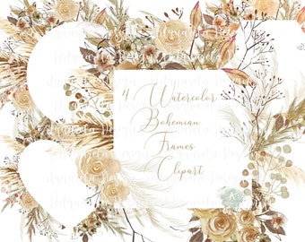 4 Pampas Grass  frames -Boho Watercolor clipart-Bohemian Wedding Invitation - Neutral  floral frames png  -Heart  frame  with dried Leaves