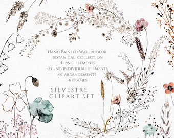 Watercolor Wildflower Clipart: Boho Autumn Frames (PNG)