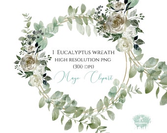 Puede incluir: Una corona de acuarela con hojas de eucalipto y flores blancas. La corona es una descarga digital, PNG de alta resolución, 300 DPI. El texto "1 Eucalyptus Wreath High Resolution PNG (300 DPI) Maya Clipart" está escrito en el centro de la corona.