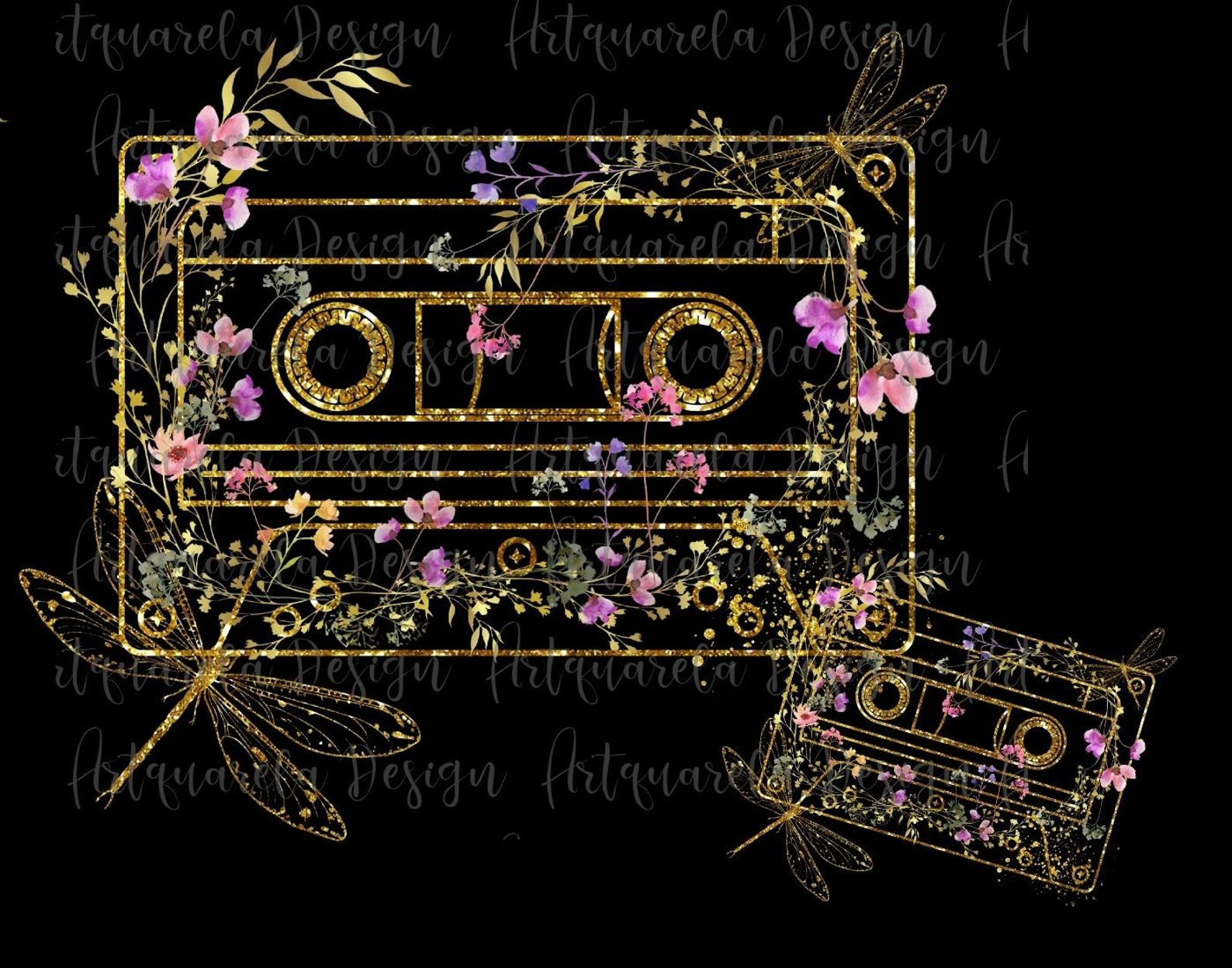 Cassette Tape Clipart Set Watercolor & Glitter Cassette Png-sublimation ...