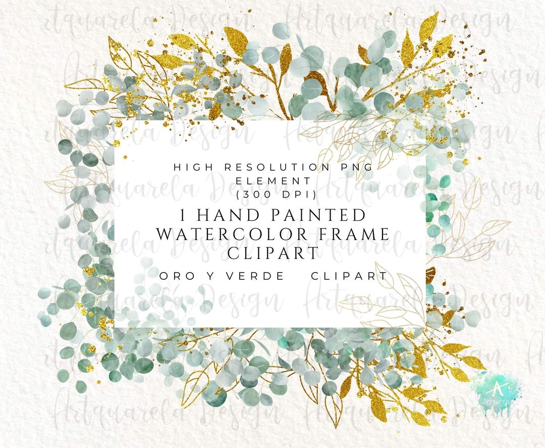 Eucalyptus Frame Clipart, Watercolor & Gold Eucalyptus Border Clipart ...