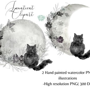 Watercolor black Cats with full moon Clipart, Cat PNG, Hand painted cats,Moonlight, floral moon Sublimation Instant download, Commercial use