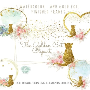 Ensemble de cliparts chats aquarelle et feuille d'or cadres chat coeur PNG Animaux de compagnie Png Invitation avec des chats Sublimation Téléchargement instantané Utilisation commerciale