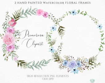 Watercolor Floral Wreath Clipart: Pink & Blue Flower Frames (PNG Digital Download)