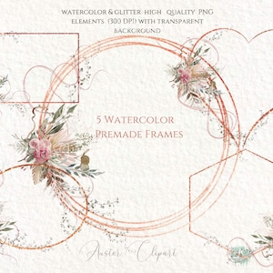 Cadres floraux bohèmes Clipart, Pampas, palmiers séchés, cadres aquarelles, mariage bohème, roses, feuilles séchées, coeur bohème en or rose, design tendance