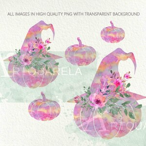 May include: Four watercolor pumpkins with floral accents. Two pumpkins are topped with witch hats, and all have a pink and purple color scheme.