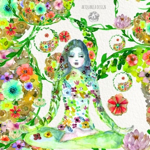 Clipart yoga, Ying Yang, floreale, simbolo Om, meditazione, clipart Zen, clipart acquerello dipinto a mano, png ad alta risoluzione, per uso commerciale