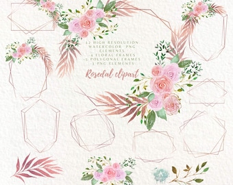 Rose Gold Floral Frames Clipart, Watercolor Roses (Digital Download)