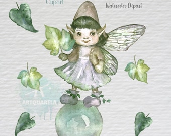 Nursery Fairy Clipart,Hand Painted Watercolor Fairy, Nordic cute fairy  clipart, Nordic Elf,Leaves Clip Art  for Commercial Use