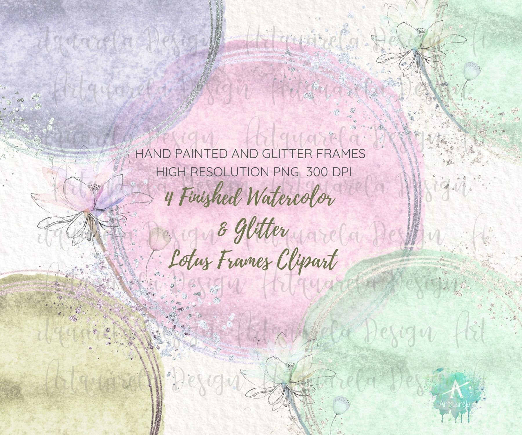 4 Lotus flowers  frames Clipart,Gold and Silver  circles borders frames ,Watercolor overlays Lotus  frame logo clipart Commercial Use