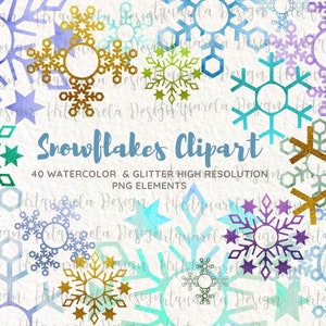Snowflakes clipart set,Watercolor & Glitter snowflakes silhouette png,Winter clipart, Blue,Silver glitter, Gold ,Rainbow snowflakes graphics