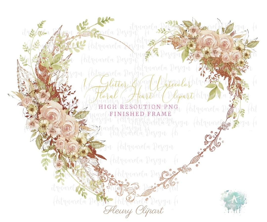 Watercolor Floral Heart Wreath Clipart, Glitter Beige Roses Frame (PNG ...