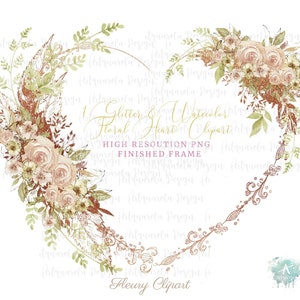 Watercolor & glitter creamy beige Floral heart wrearth frame png Neutral Roses frame clipart invitation Sublimation,Commercial Use