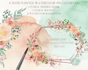 Watercolor Rose Gold Floral Frames: Boho Clipart PNG (Digital Download)